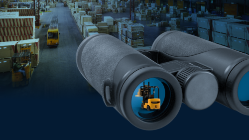 Warehouse with binoculars focusing on asset
